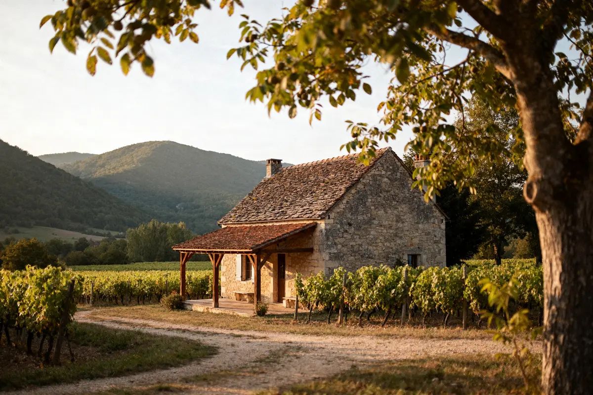 Maison en pierre dans un vignoble au coucher du soleil liée à Leggett immobilier
