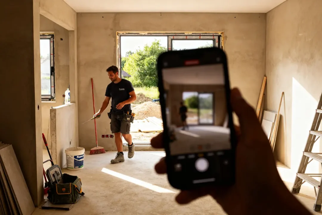 Homme mesurant intérieur de chantier avec Maison France Confort, photo téléphone au premier plan