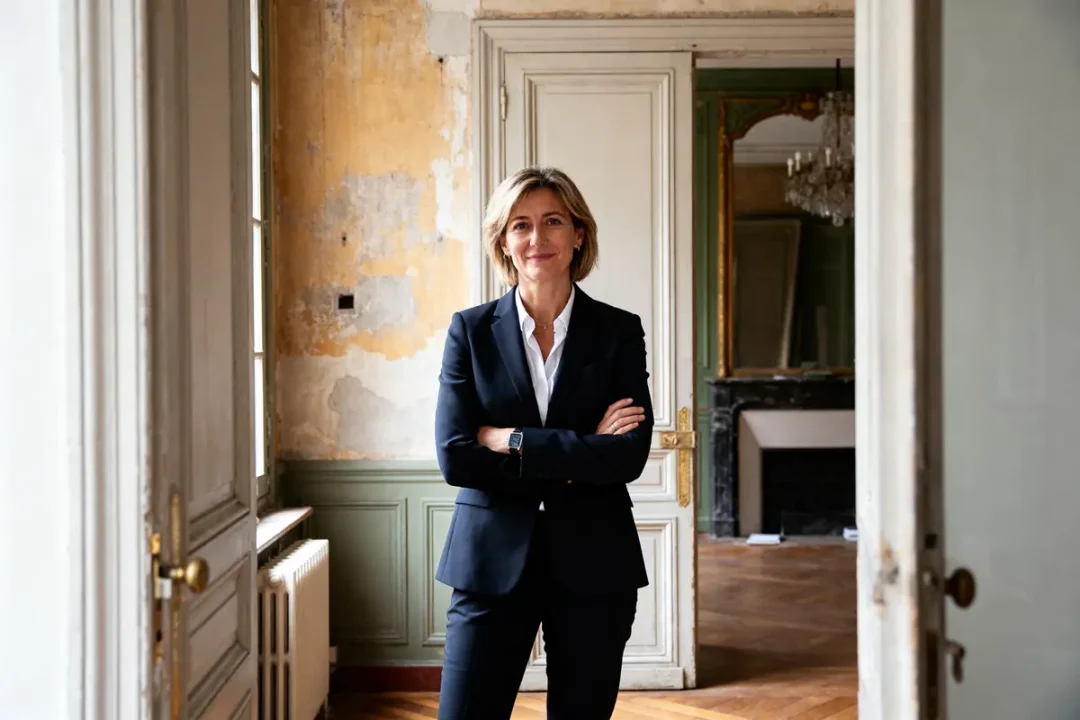 Femme souriante en costume dans intérieur vintage pour Patricia immobilier réaliste