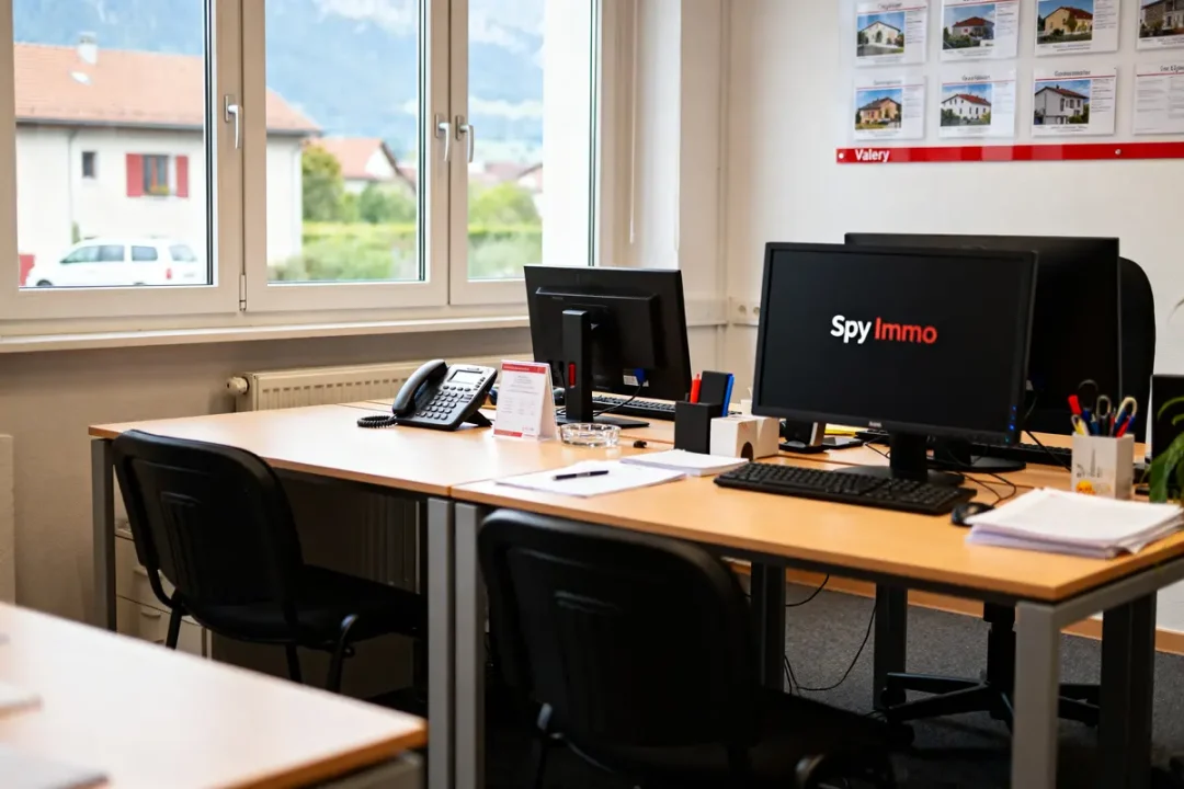 Bureau moderne avec ordinateurs et logo de l'agence immobilière Spy Immo