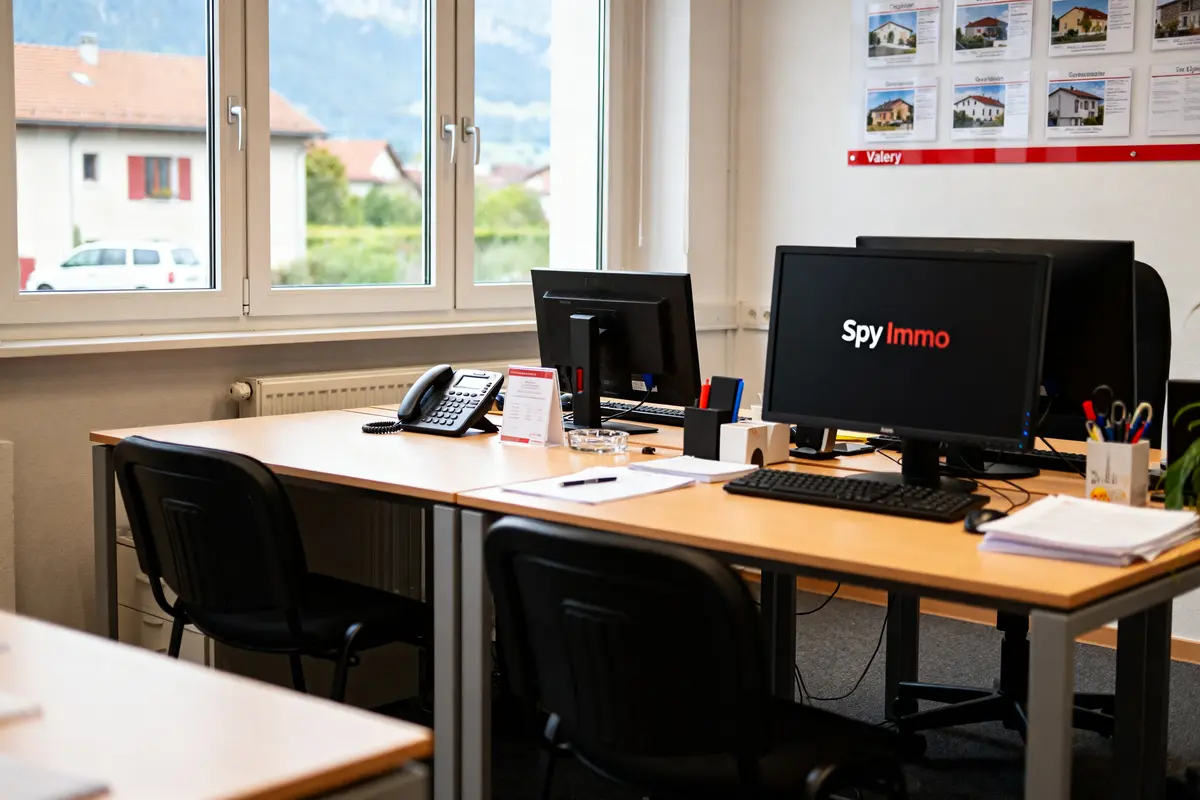 Bureau moderne avec ordinateurs et logo de l'agence immobilière Spy Immo