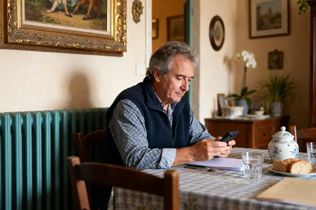Homme âgé consultant Syndic One sur smartphone dans une salle à manger chaleureuse