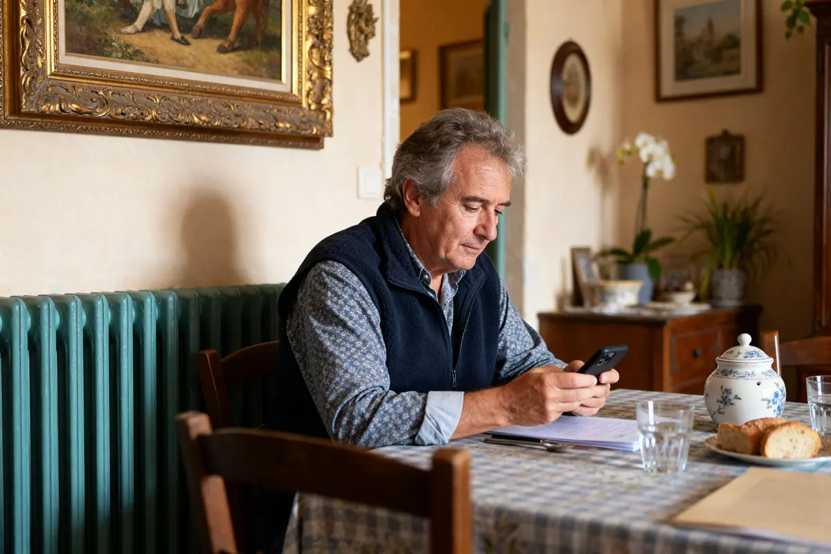 Homme âgé consultant Syndic One sur smartphone dans une salle à manger chaleureuse