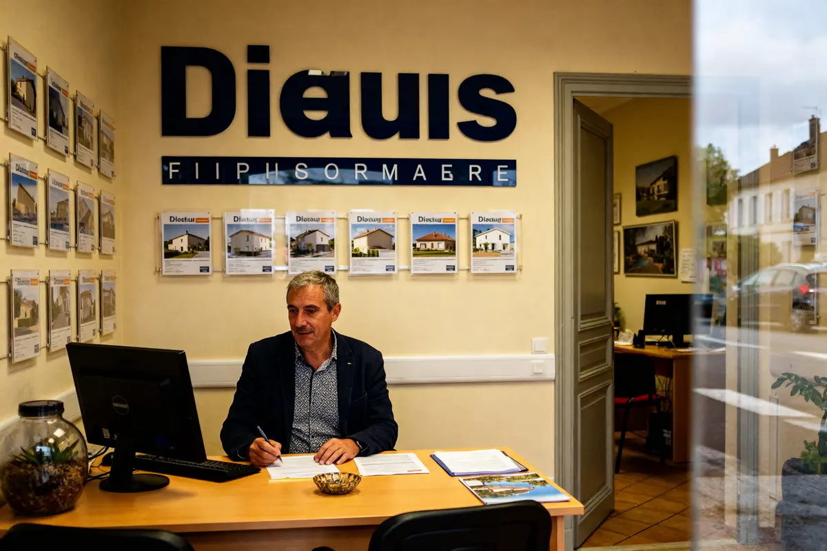 Agent immobilier travaillant au bureau de Vacherand Immobilier avec affiches de propriétés en arrière-plan
