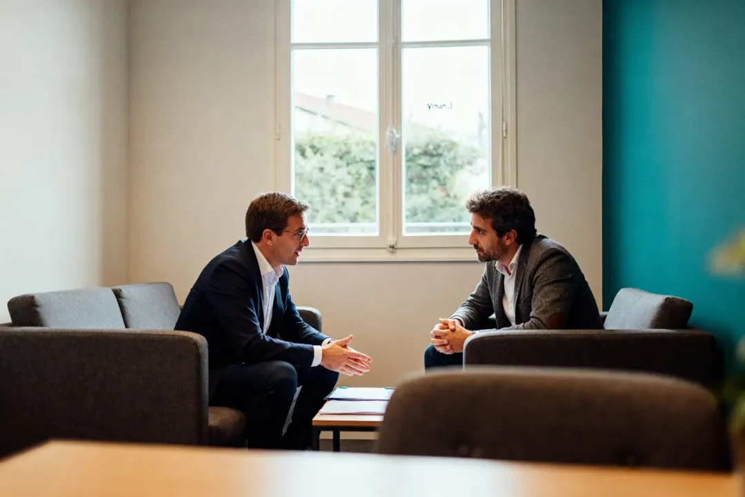 Deux hommes en discussion dans un bureau sur l'entreprise Ymanci