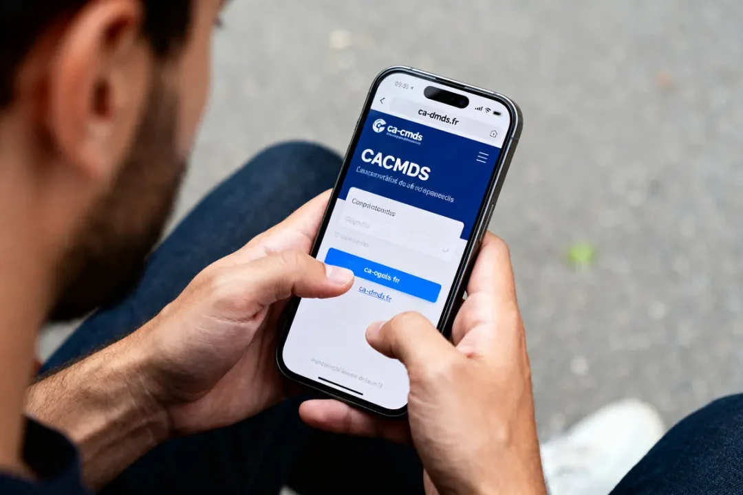 Personne utilisant un smartphone pour accéder à ses comptes CACMDS via une application mobile