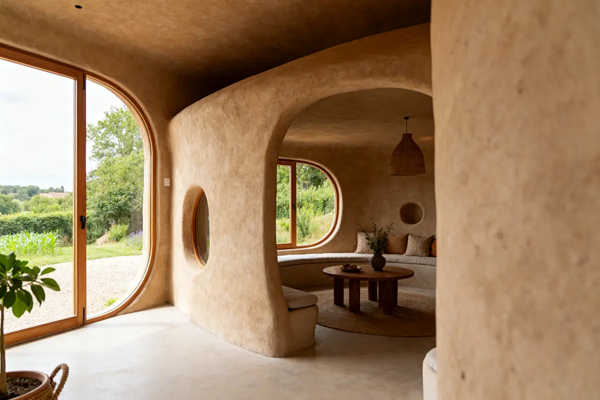 Intérieur moderne et organique de maison écologique intégrant des principes d'archilibre