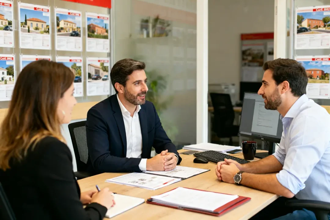 Discussion entre professionnels de l'immobilier carre-immo.com dans un bureau lumineux