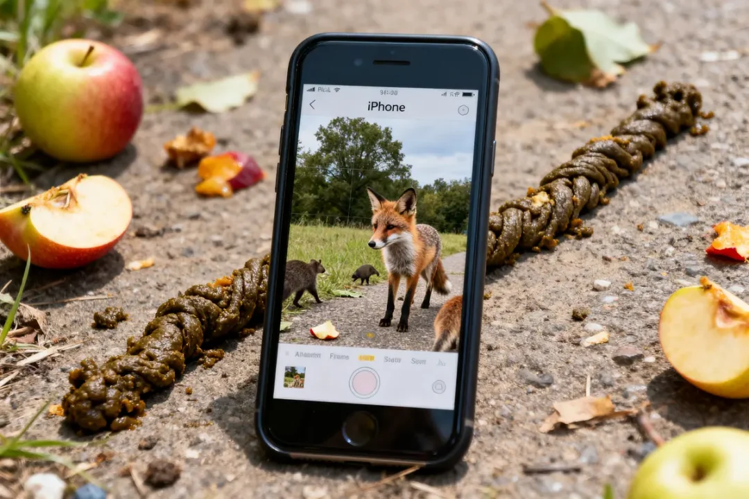 Smartphone affichant un renard entouré de pommes et crotte de fouines sur le sol