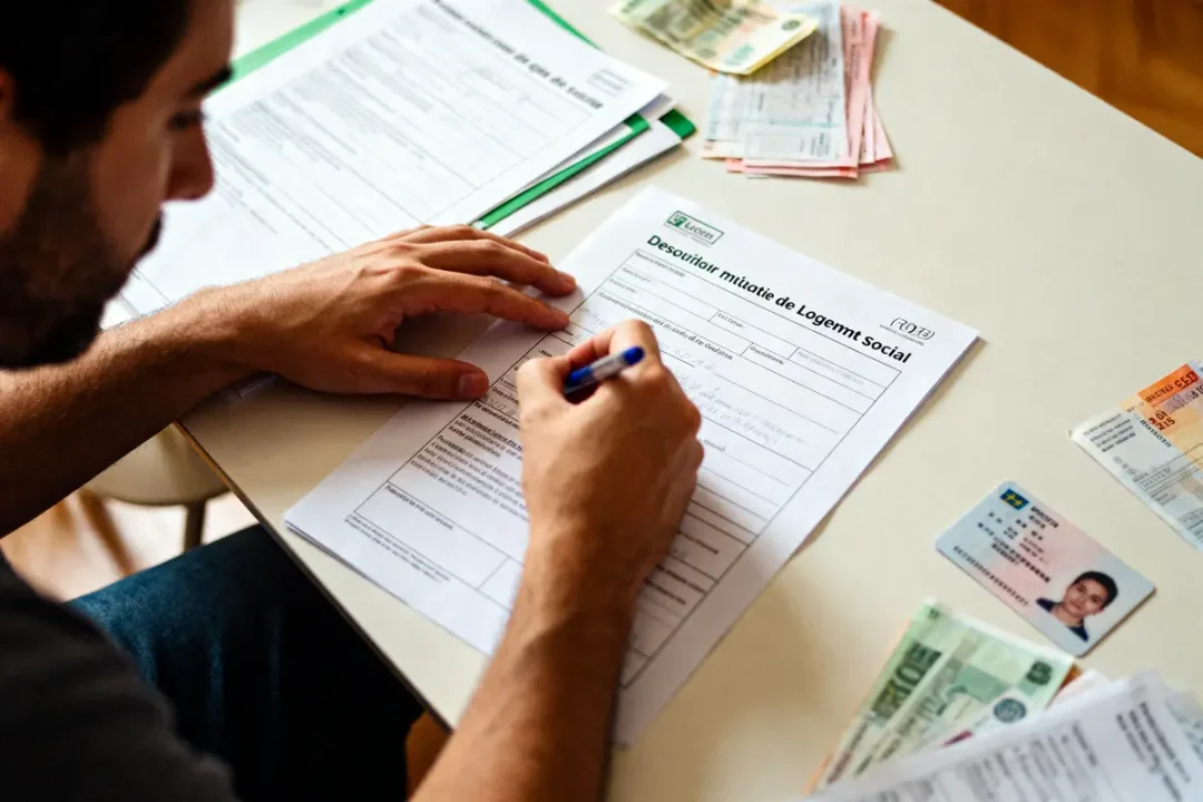 Formulaire rempli pour une demande de mutation de logement social avec pièces justificatives visibles