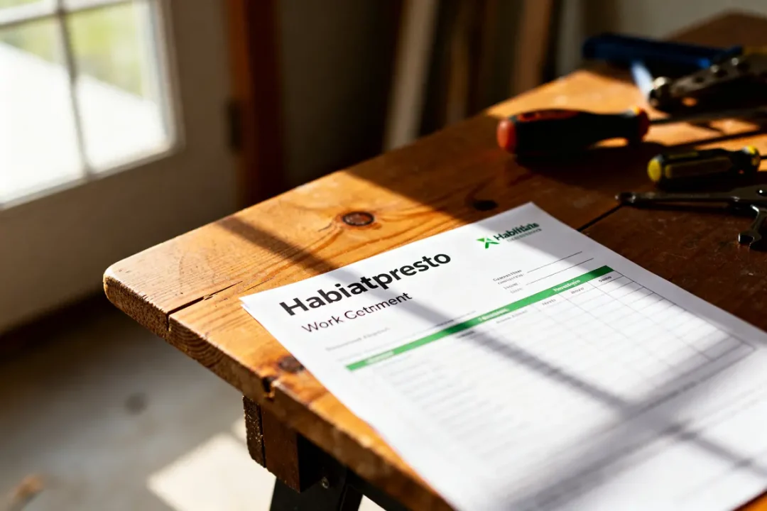 Document de devis de travaux Habitatpresto sur établi en bois, outils à côté