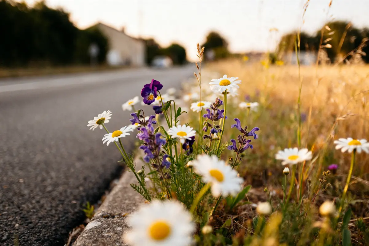 Fleurs le long d'une route, incluant une fleur en rosette blanche et jaune