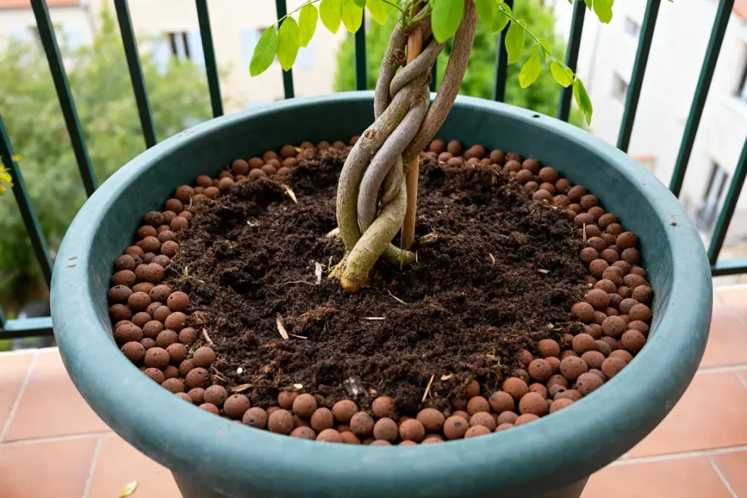 Glycine en pot avec tronc tressé et billes d'argile pour drainage efficace