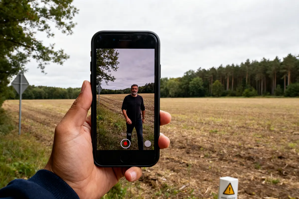 Personne photographiée dans un champ vaste avec téléphone exposant unité en hectares