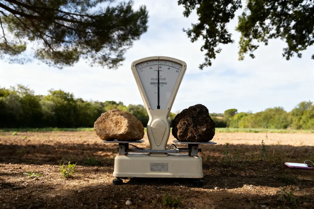 Balance vintage pesant deux pierres dans un champ, conversion kg en tonne possible