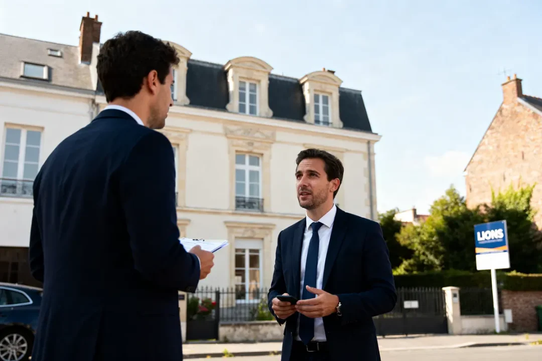 Agents discutant devant une propriété avec panneau immobilier de Lions Immobilier Com
