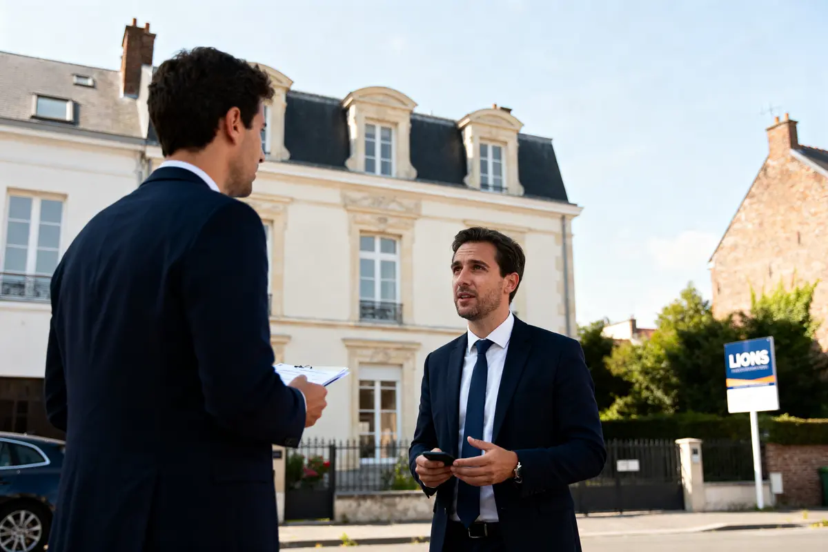 Agents discutant devant une propriété avec panneau immobilier de Lions Immobilier Com