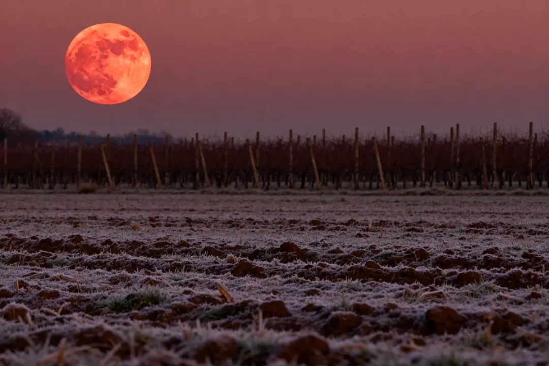 Paysage champêtre avec une lune rousse de 2025 se levant derrière des vignes.