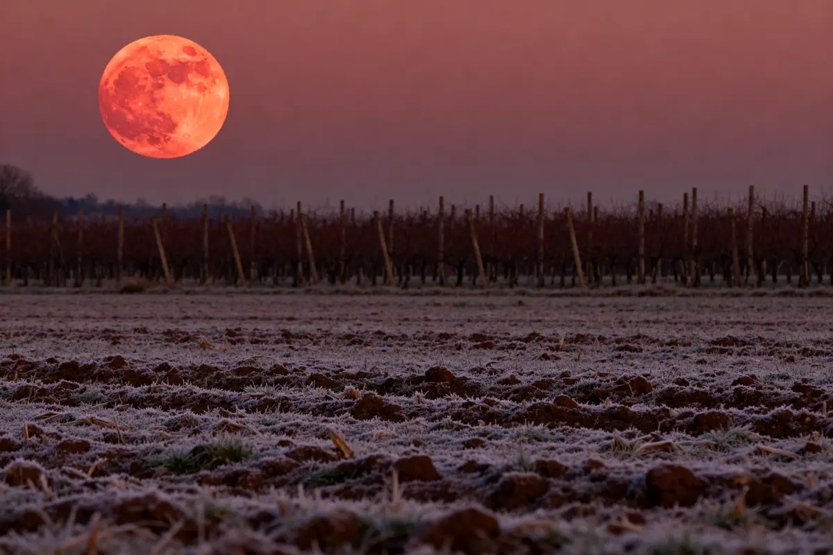 Paysage champêtre avec une lune rousse de 2025 se levant derrière des vignes.