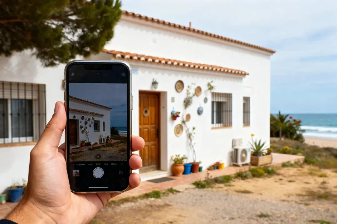 Maison blanche espagnole en bord de mer avec un smartphone capturant la vue. Prix abordable.