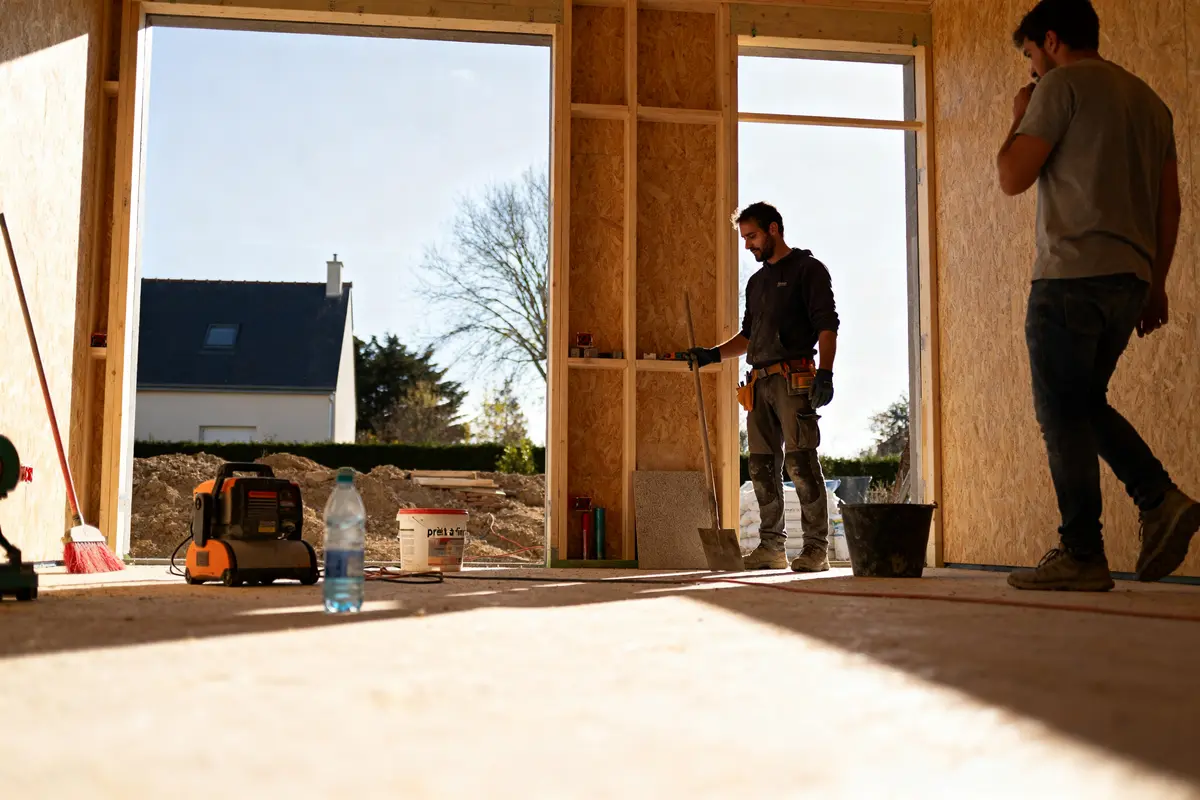Construction intérieure d'une maison Mikit avec ouvriers et outils visibles sur le chantier