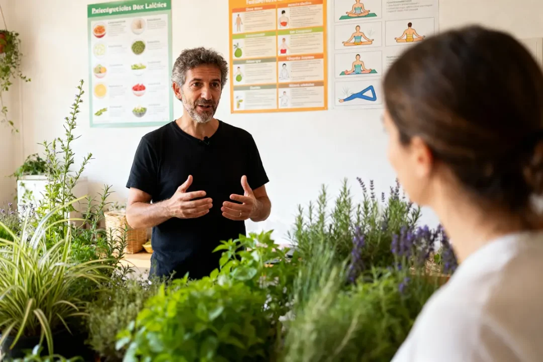Naturopathe dans les Landes discutant de plantes médicinales avec une cliente au cabinet