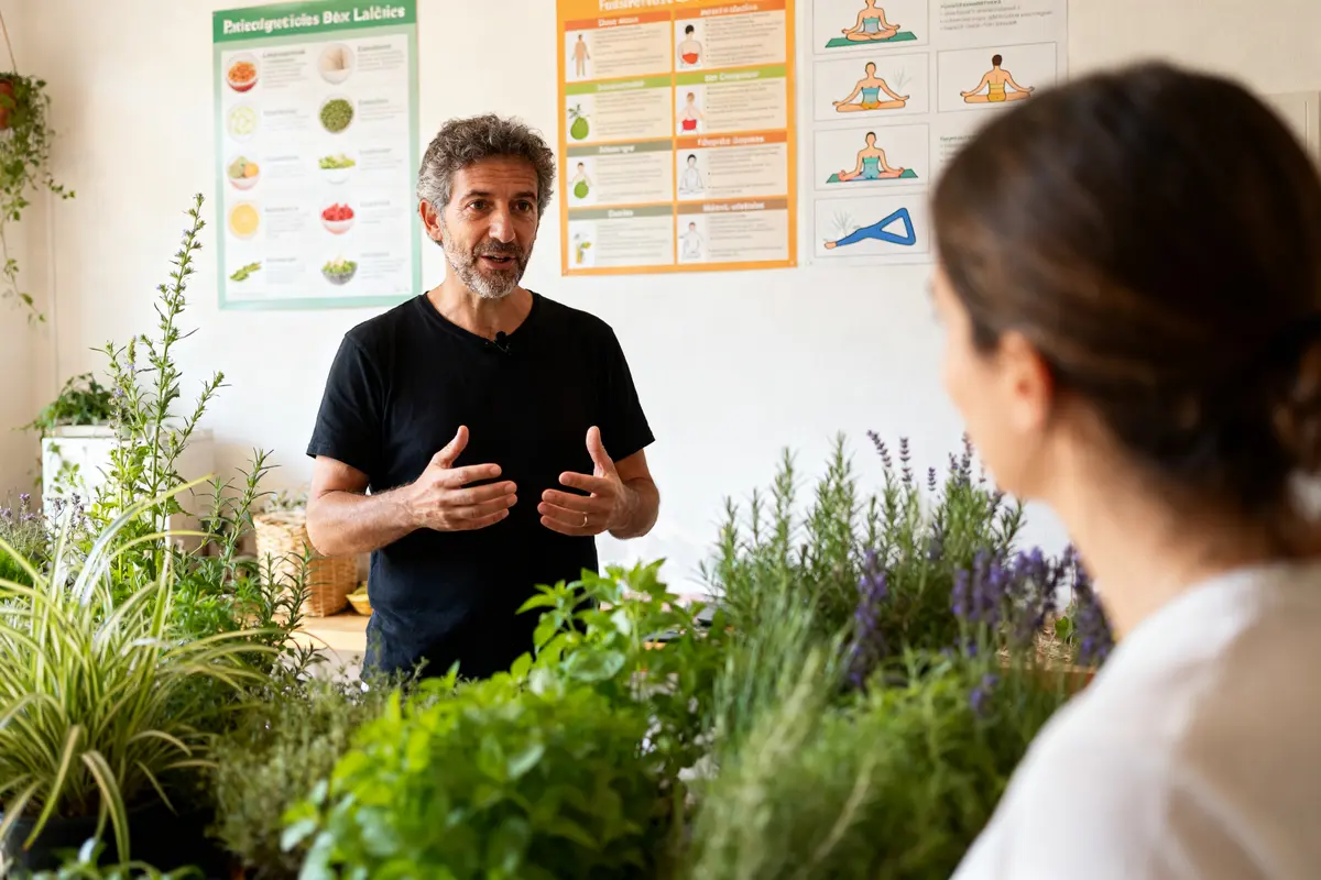Naturopathe dans les Landes discutant de plantes médicinales avec une cliente au cabinet