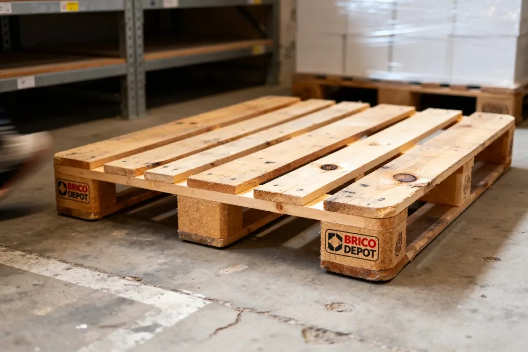 Palette en bois gratuite disponible chez Brico Dépôt, posée sur le sol de l'entrepôt