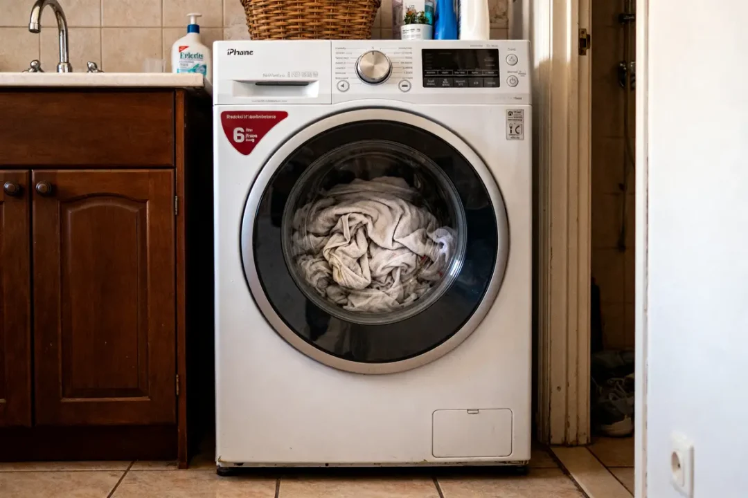 Machine à laver pleine de linge près d'un évier de cuisine et un panier