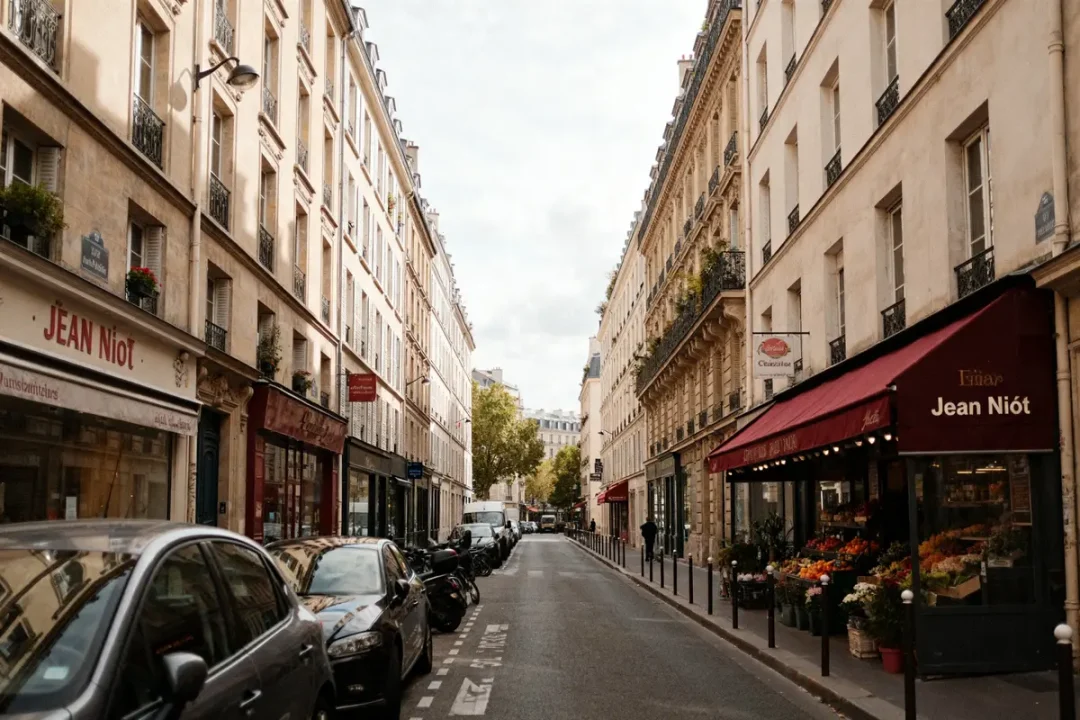 Vue de la rue Jean Nicot à Paris avec magasins et voitures garées