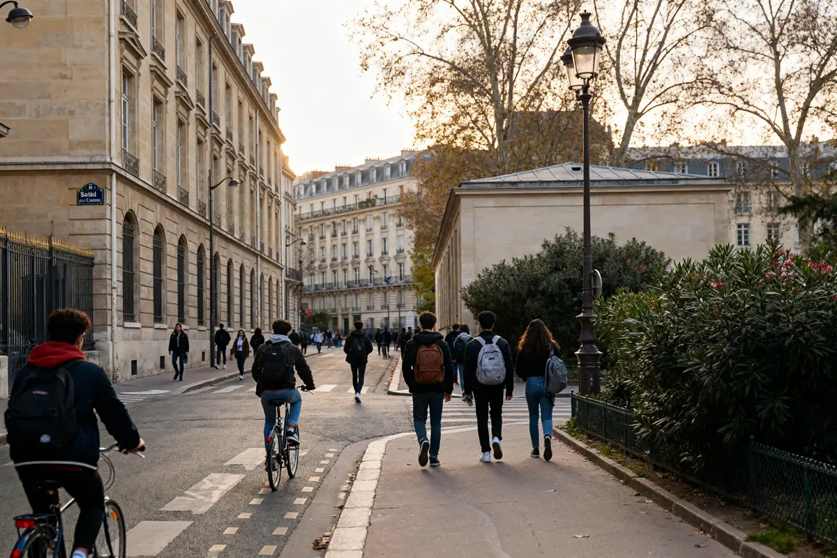 Des cyclistes et piétons sur la rue Santeuil bordée d'immeubles anciens et jardins