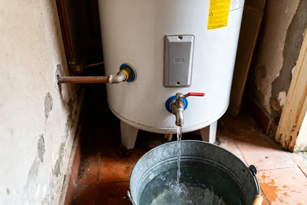 Chauffe-eau se vidange dans un seau lors de l’entretien du chauffe-eau.