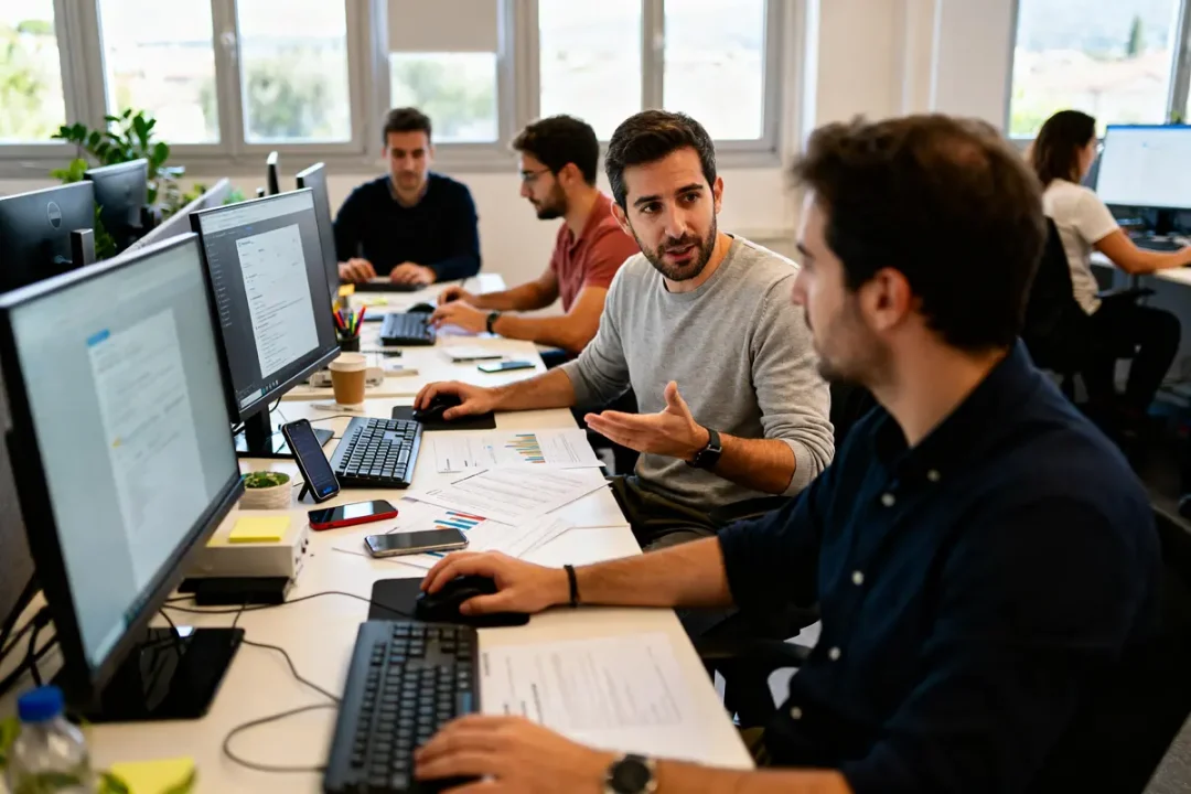 Employés discutant stratégie numérique dans un bureau open space pour améliorer Work at Web