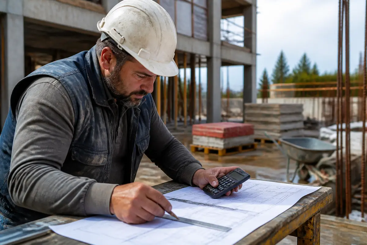 Ouvrier calcule le mètre cube de béton avec plan et calculatrice sur chantier construction