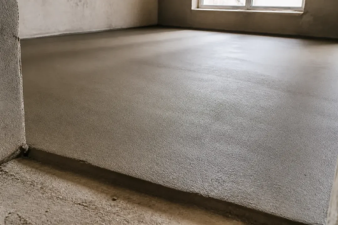 Sol en béton lisse dans une pièce, utilisant une chape maigre pour nivellement efficace