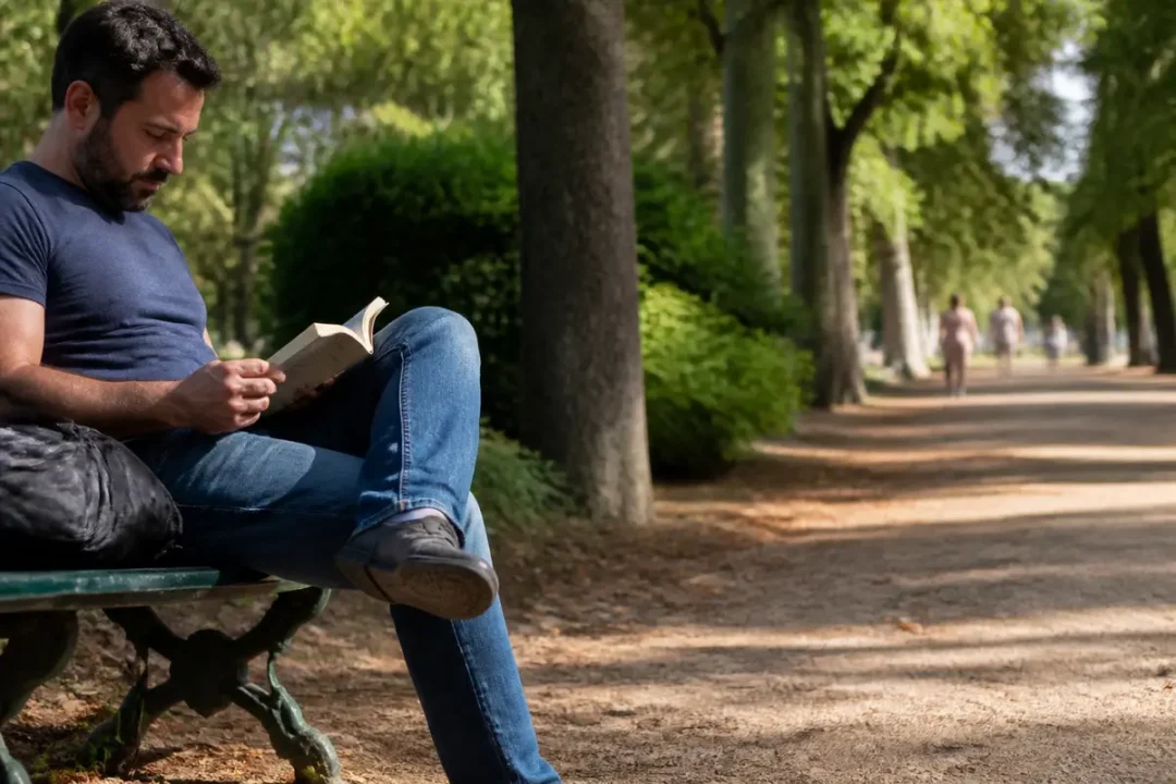 Homme lisant sur un banc dans un parc ombragé, promenade continue à l'arrière-plan