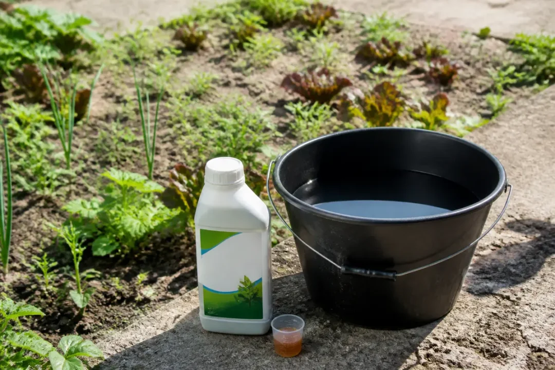 Bidon et seau pour dosage de Roundup dans 5 litres d'eau en jardin