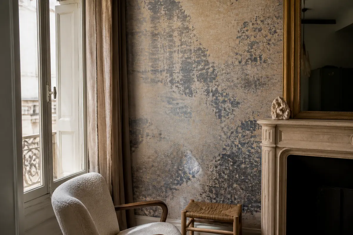 Salon élégant avec fauteuil, cheminée et elitis papier peint texturé bleu-gris sur le mur