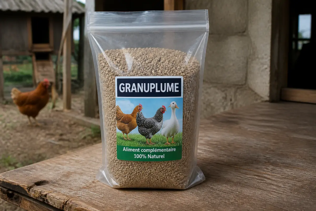 Sac d'aliment complémentaire Granuplume 100% naturel posé sur une table en bois