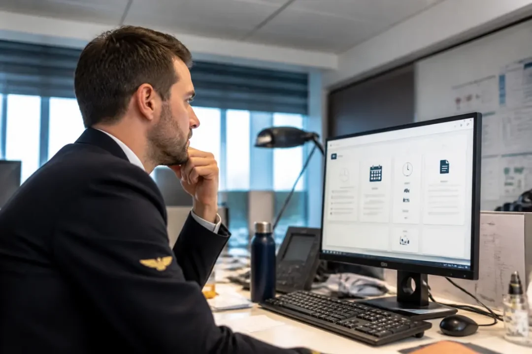 Pilote Air France travaillant sur les intralignes Air France devant un écran d'ordinateur