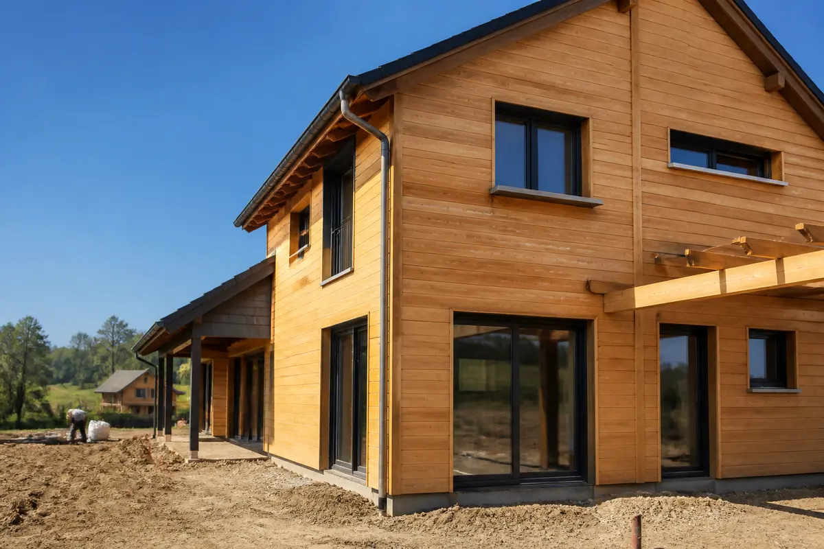 Grande maison clé en main en bois sur terrain dégagé avec jardin en construction
