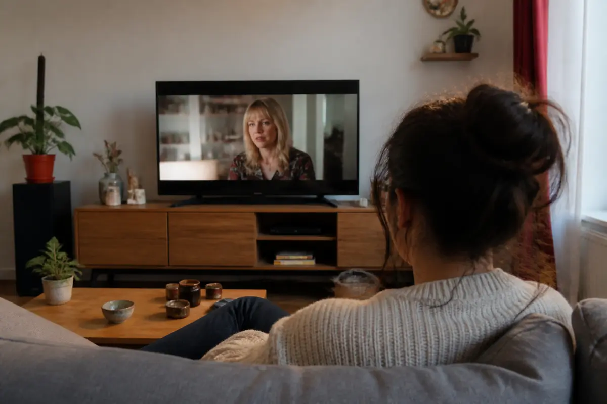 Femme regardant une série sur malgrim TV dans son salon cosy et chaleureux