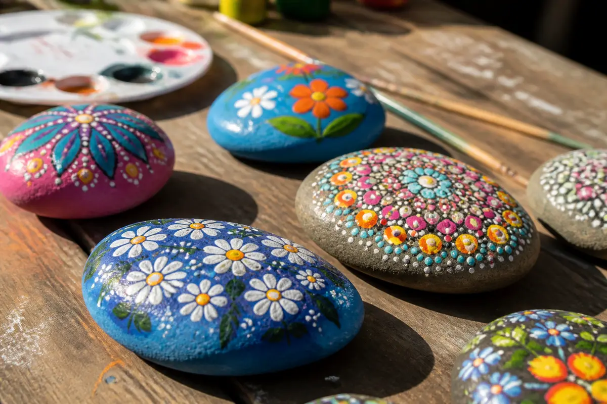 Galets décorés de motifs floraux colorés, exemple créatif de peinture sur galets