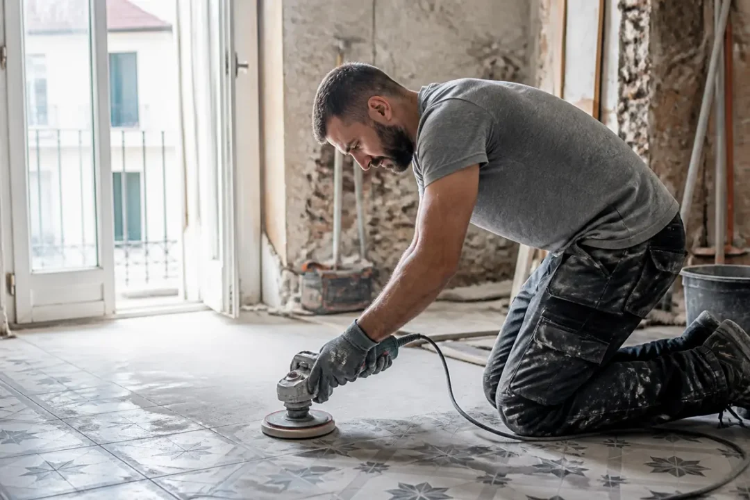 Ouvrier concentré utilisant une ponceuse électrique pour poncer carrelage dans une pièce rénovée