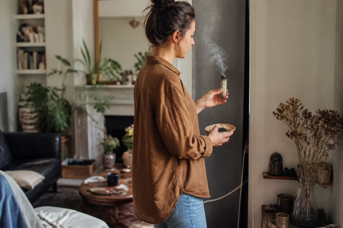 Personne utilisant un bâton de fumigation pour purifier sa maison dans un salon chaleureux