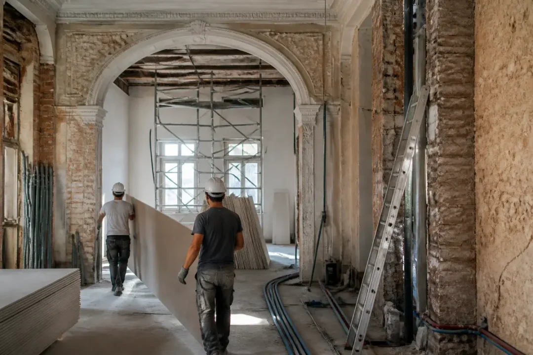 Travailleurs transportant une planche dans un bâtiment en rénovation XXL en 2024