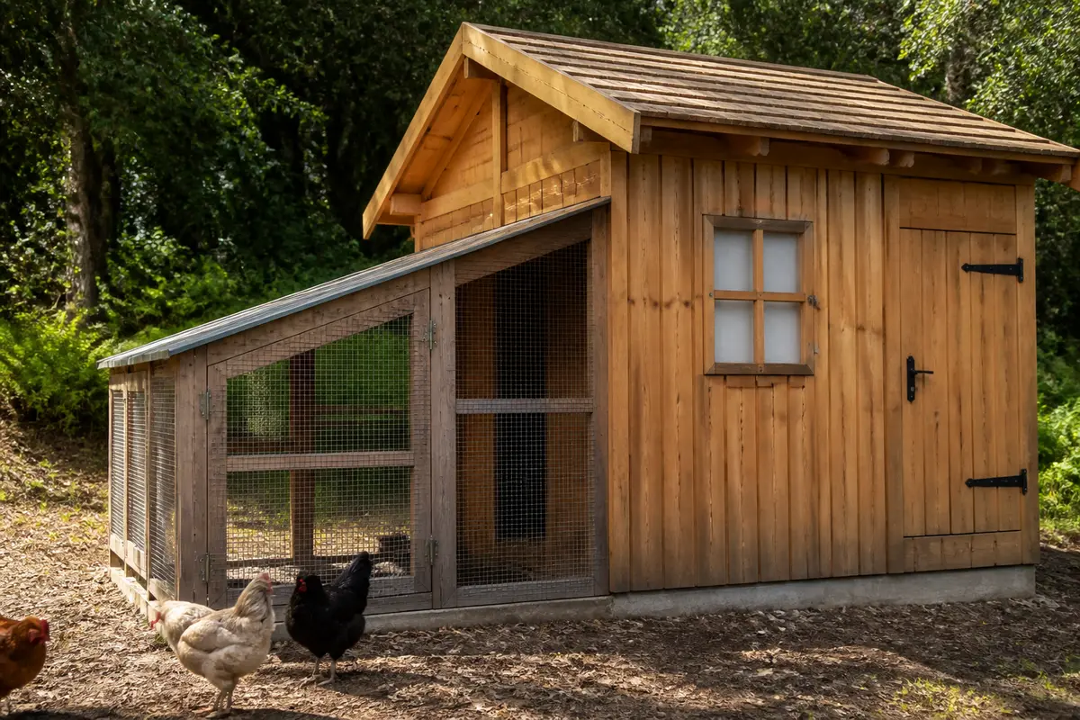 Poulailler en bois avec poules devant, évoquant une éventuelle taxe du poulailler