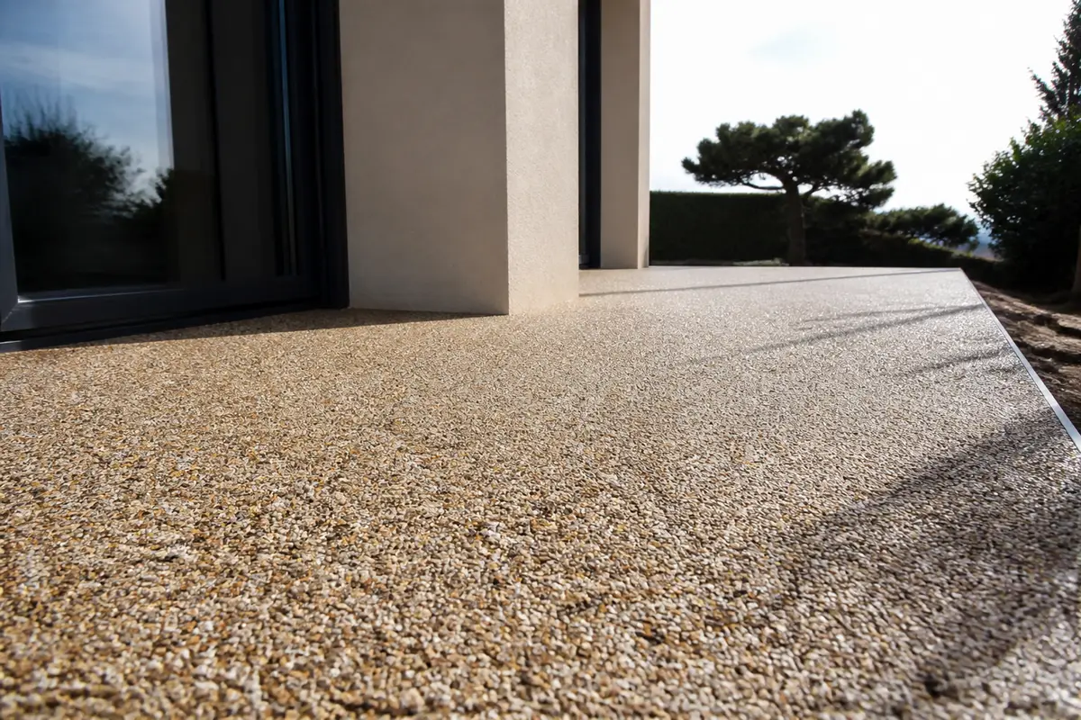 Vue sur une terrasse en résine beige devant une maison moderne avec arbres en arrière-plan