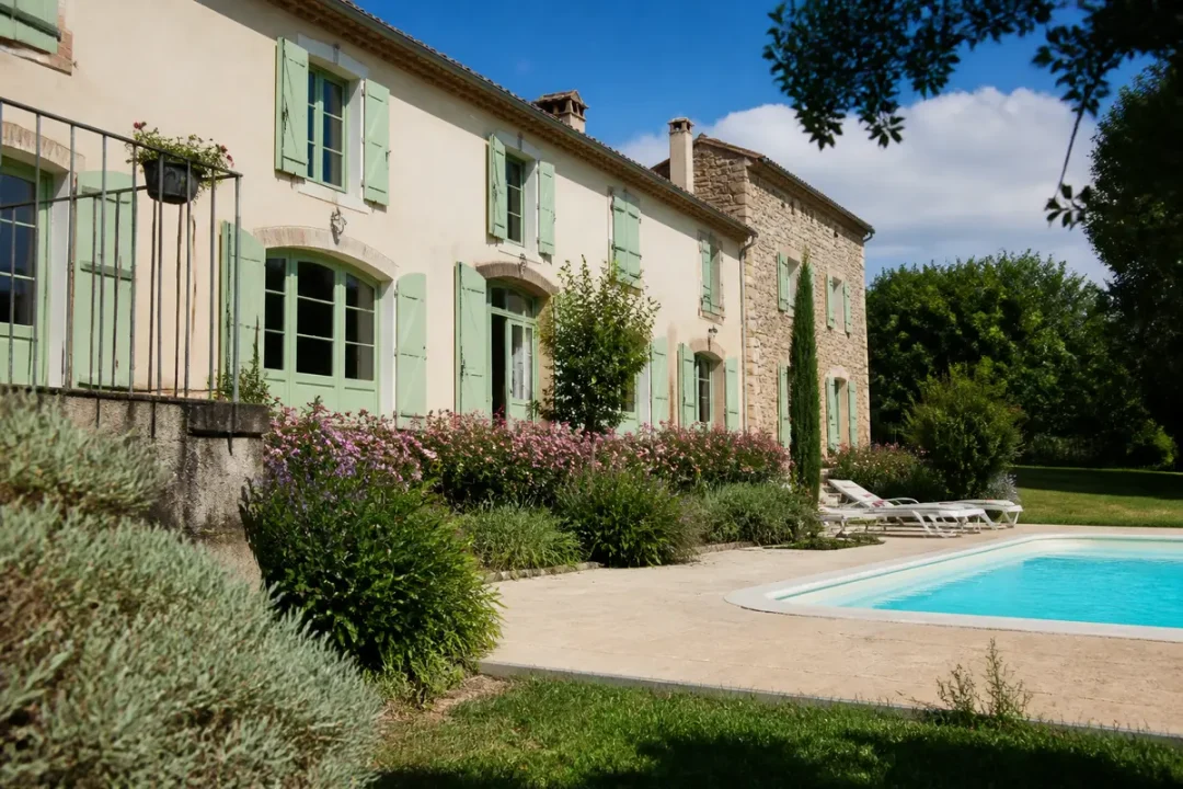 Grande maison en pierre avec volets verts, jardin fleuri, piscine et environnement bucolique vampar