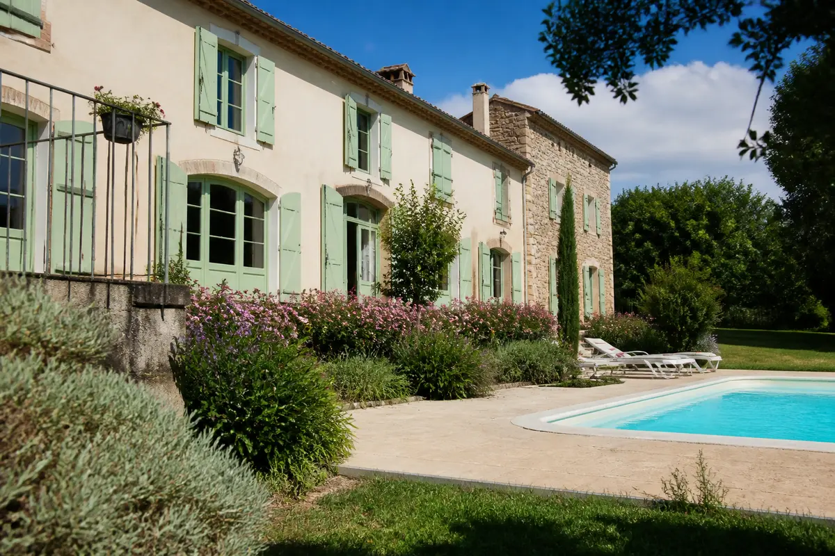 Grande maison en pierre avec volets verts, jardin fleuri, piscine et environnement bucolique vampar